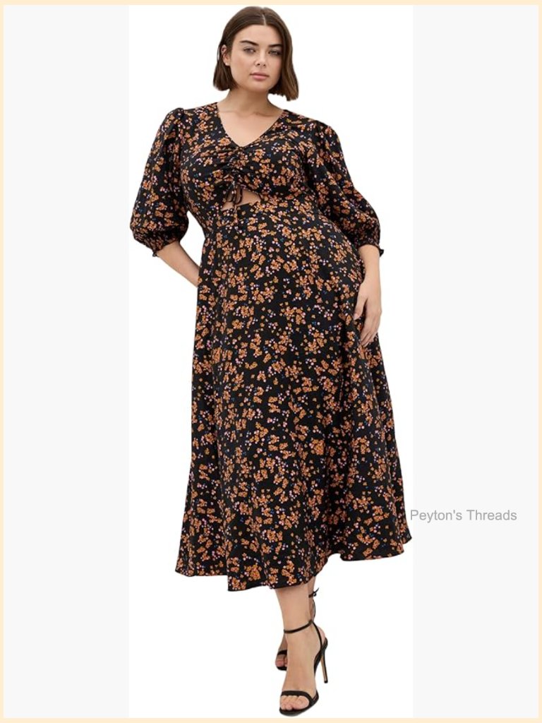Plus Size Maxi Dress - V-Neck Elbow Sleeve Floral Fit & Flare
